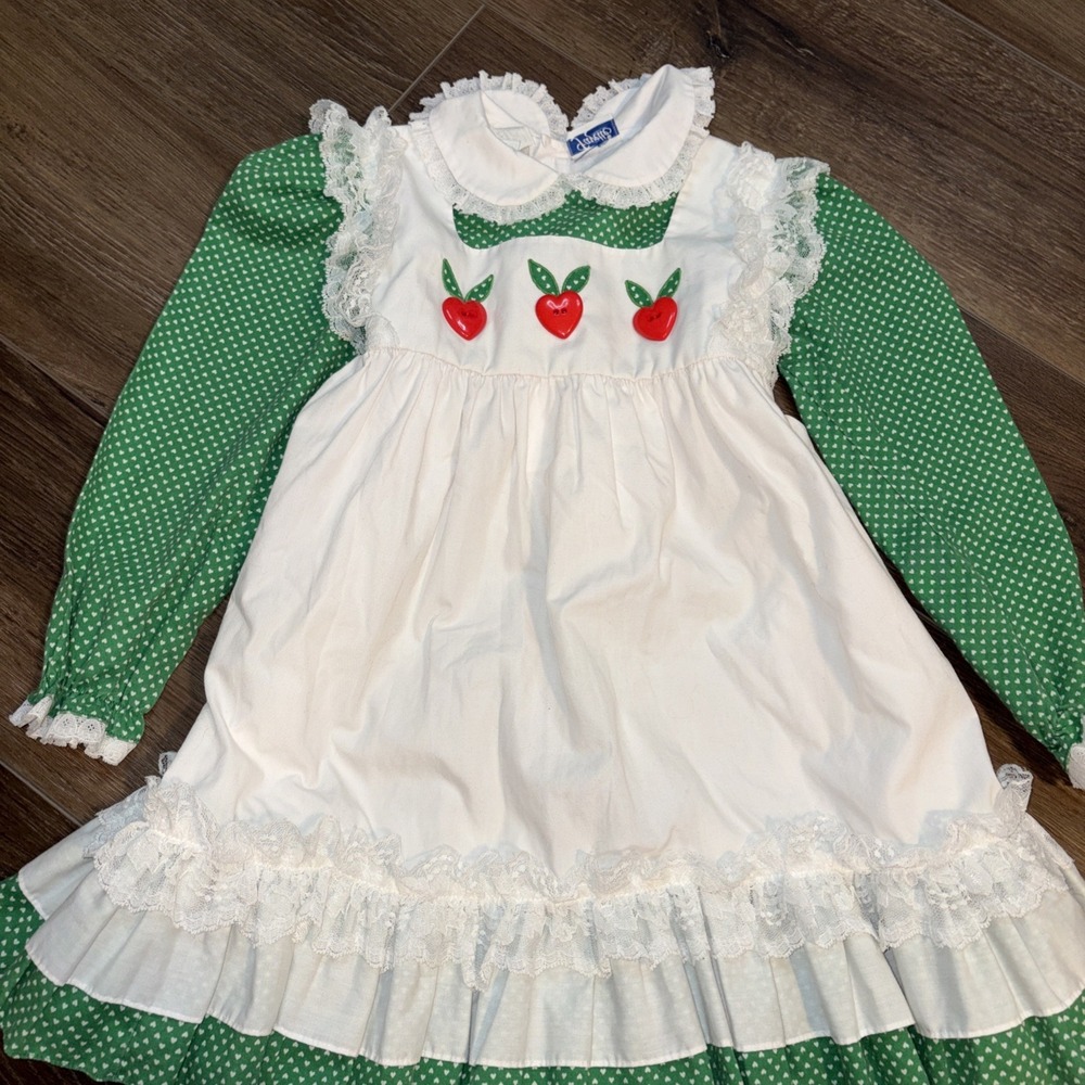 Fayette Vintage Size 6 Apron Dress W/ Heart Apples Polka Dot Green White